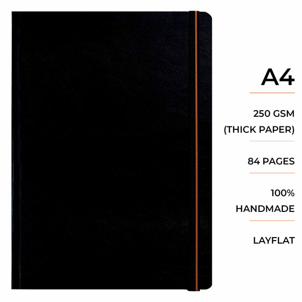 Menorah's True black sketchbook, Fully Handmade touch, 250 GSM Thickness which makes the Gouache and acrylic paints stable. A4 Size Casebound Sketchbook, Portrait sketchbook