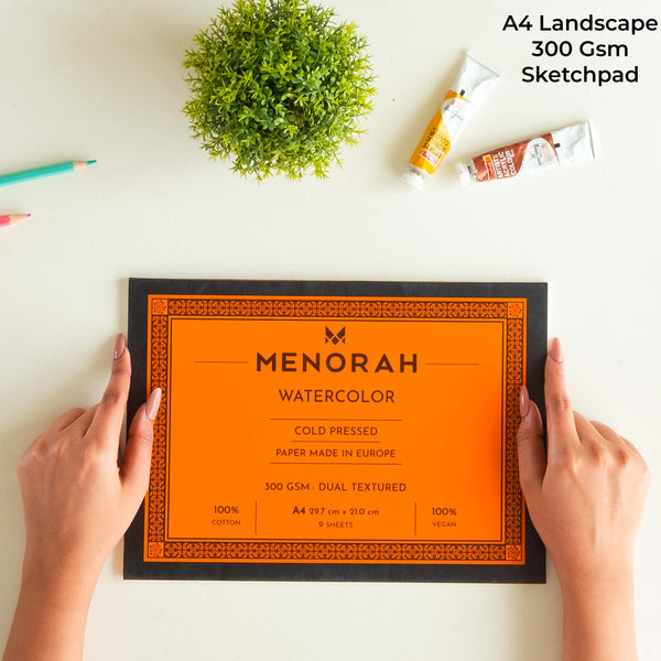 The Menorah watercolour sketchbook pad/paper is made with 100%Cotton,100% Vegan made paper, 300GSM Thickness which makes the watercolour stable, A4 size, it contains 18 Pages/9 sheets, Make your creations using Acrylics, Gouache, Tempera, Poster colour watercolor in our sketchbook