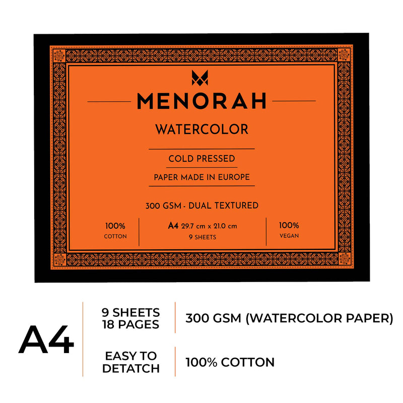 The Menorah watercolour sketchbook pad/paper is made with 100%Cotton,100% Vegan made paper, 300GSM Thickness which makes the watercolour stable, A4 size, it contains 18 Pages/9 sheets, Make your creations using Acrylics, Gouache, Tempera, Poster colour watercolor in our sketchbook