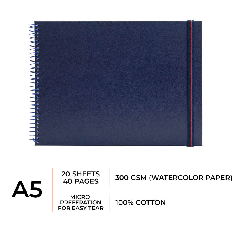 A5 size watercolor sketchbook is the best travel accompanion for the creators. Watercolor sketchbook is made of 100% cotton and is 100% Vegan. It contains 40 pages with a 300GSM Thickness so that watercolor won't penetrate to the other page. It is covered by Metal spiral with 360 Degree easy turn. Make your creations by using watercolour paintings, Acrylics, Gouache, Tempera, Poster colour in this sketchbook. Bright Blue color sketchbook