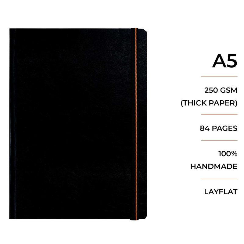 Menorah's True black sketchbook, Fully Handmade touch, 250 GSM Thickness which makes the Gouache and acrylic paints stable. A5 Size Casebound Sketchbook