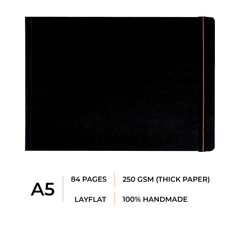 Menorah's True black sketchbook, Fully Handmade touch, 250 GSM Thickness which makes the Gouache and acrylic paints stable. A5 Size Casebound Sketchbook, Landscape sketchbook