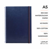  A5 size watercolor sketchbook is the best travel accompanion for the creators. Watercolor sketchbook is made of 100% cotton and is 100% Vegan. It contains 40 pages with a 300GSM Thickness so that watercolor won't penetrate to the other page. It is covered by Metal spiral with 360 Degree easy turn. Make your creations by using watercolour paintings, Acrylics, Gouache, Tempera, Poster colour in this sketchbook. Bright Blue color sketchbook