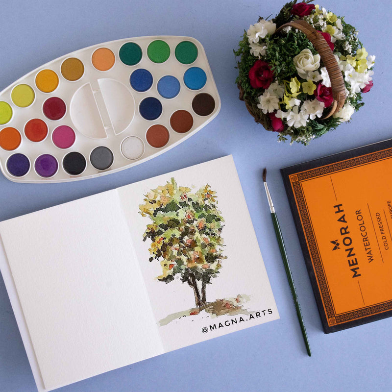 Beautiful Tree paintings, Beautiful Floral paintings, watercolor sketchbook, Greenery paintings, Nature paintings, Menorah's watercolor paper/sketchpadmade with 100%Cotton,100% Vegan watercolor paper, 300GSM Thickness which makes the watercolor stable, A6 size book so you can carry it anywhere, it contains 36 Pages/18 sheets, Make your creations using Acrylics, Gouache, Tempera, Poster colur. watercolor in our sketchbook