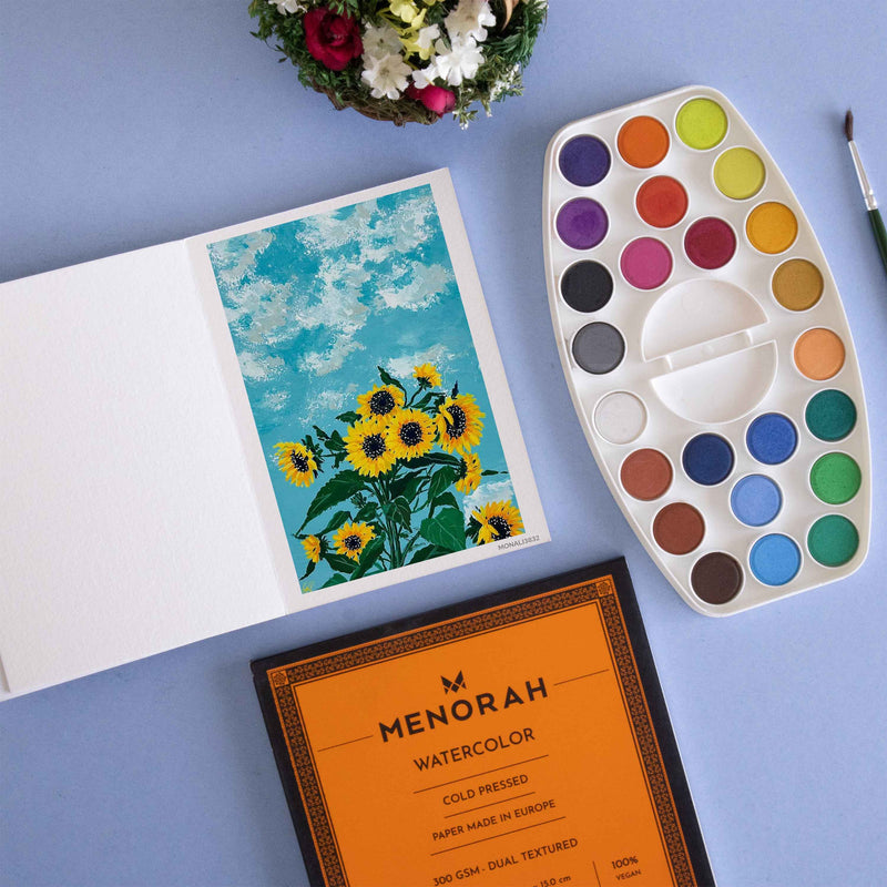 Beautiful Floral paintings, watercolor sketchbook, Greenery paintings, Nature paintings, Menorah's watercolor paper/sketchpadmade with 100%Cotton,100% Vegan watercolor paper, 300GSM Thickness which makes the watercolor stable, A6 size book so you can carry it anywhere, it contains 36 Pages/18 sheets, Make your creations using Acrylics, Gouache, Tempera, Poster colur. watercolor in our sketchbook