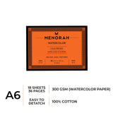 Menorah's watercolor paper/sketchpad is made by 100%Cotton, 100% Vegan made product, Fully Handmaded touch, 300GSM Thickness which makes the watercolour stable. A6 Size Sketchpad