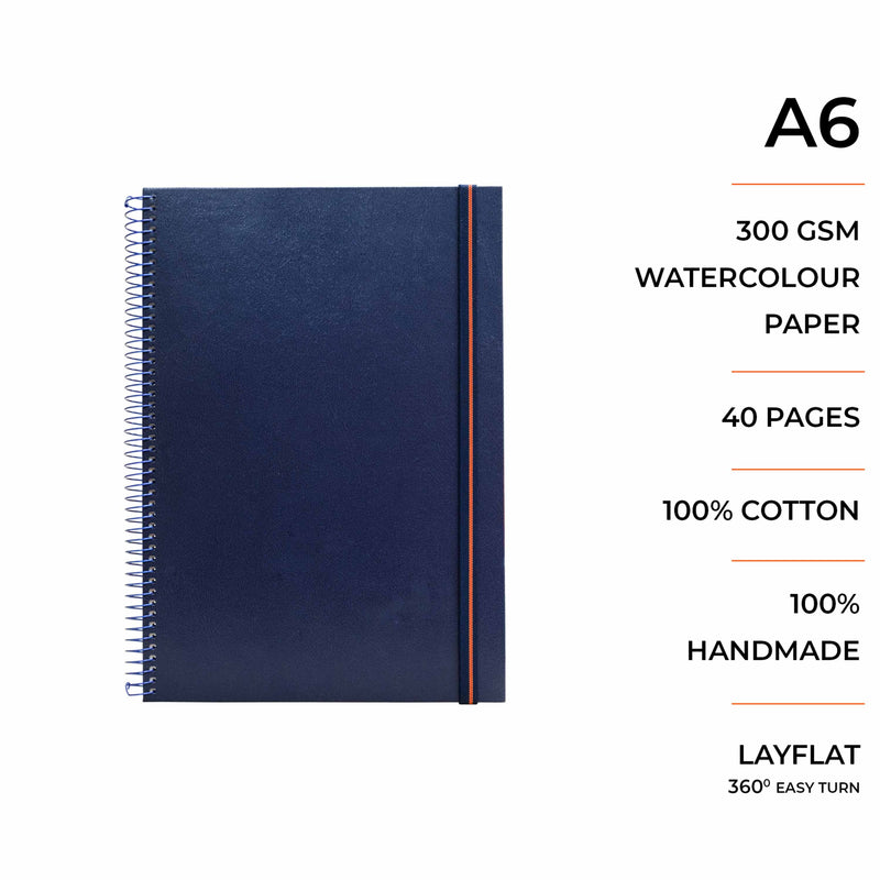 A6 size watercolor sketchbook is the best travel accompanion for the creators. Watercolor sketchbook is made of 100% cotton and is 100% Vegan. It contains 40 pages with a 300GSM Thickness so that watercolor won't penetrate to the other page. It is covered by Metal spiral with 360 Degree easy turn. Make your creations by using watercolour paintings, Acrylics, Gouache, Tempera, Poster colour in this sketchbook. Bright Blue color sketchbook