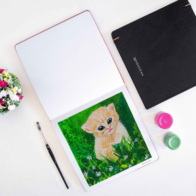 Painting a Cute cat in gouache using 180 gsm Menorah's square sketchbook, artist sketchbook, square sketchbook..