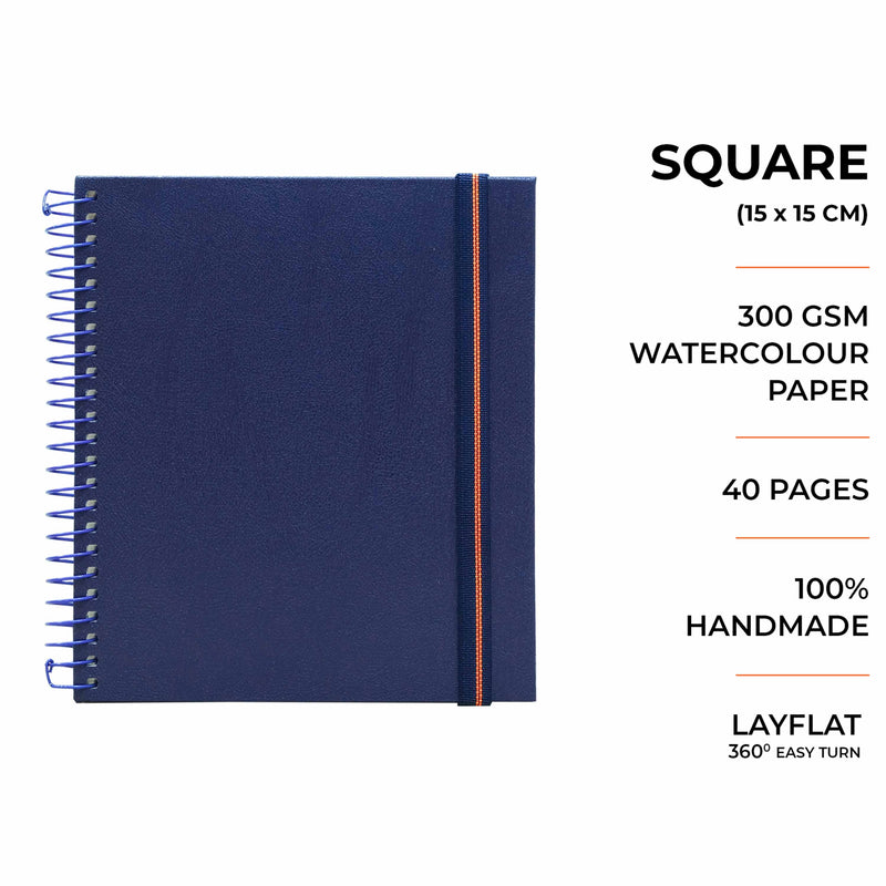 Square watercolor sketchbook is the best travel accompanion for the creators. Watercolor sketchbook is made of 100% cotton and is 100% Vegan. It contains 40 pages with a 300GSM Thickness so that watercolor won't penetrate to the other page. It is covered by Metal spiral with 360 Degree easy turn. Make your creations by using watercolour paintings, Acrylics, Gouache, Tempera, Poster colour in this sketchbook. Bright Blue color sketchbook #color_blue