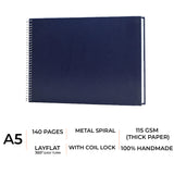 Royal blue premium sketchbook, 115 GSM spiral sketchbook with 140 plain pages.