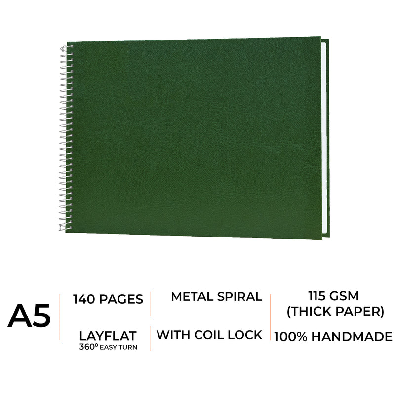 Emerald Green - A5 size Spiral bound Sketchbook, 100% handmade sketchbook with 140 pages.