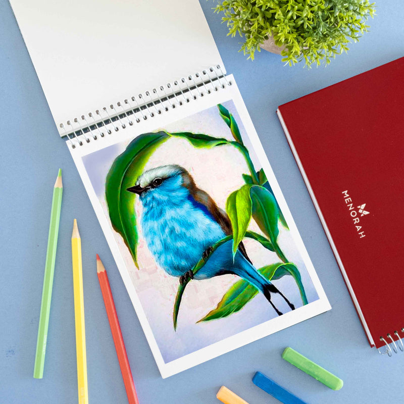 Soft pastel Bird painting in 115 GSM sketchbook, A5 size sketchbook, landscape sketchbook.