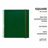 Square watercolor sketchbook is the best travel accompanion for the creators.  Watercolor sketchbook is made of 100% cotton and is 100% Vegan. It contains 40 pages  with a 300GSM Thickness so that watercolor won't penetrate to the other page.  It is covered by Metal spiral with 360 Degree easy turn. Make your creations by using  watercolour paintings, Acrylics, Gouache, Tempera, Poster colour in this sketchbook, Green color sketchbook #color_green