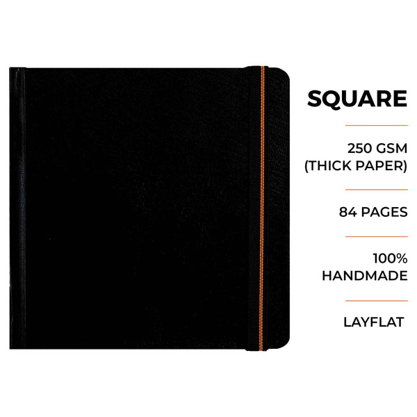 Menorah's True black sketchbook, Fully Handmade touch, 250GSM Thickness which makes the Gouache and acrylic paints stable. Square (15x15) Size Casebound Sketchbook