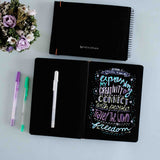 Quotes Writing  On Black sketchbook With Paint markers, Menorah's true black paper/sketchbook, 100%handcrafted, casebound sketchbook, 250 GSM TRUE BLACK Sheets with 84 pages/ 42 sheets, make your creations using Gouache and acrylic paints, White pens, white pencils, white charcoal, White charcoal and pastel pencils, Metallic watercolours, Metallic Acrylic paints, Colour pencils in our sketchbook.