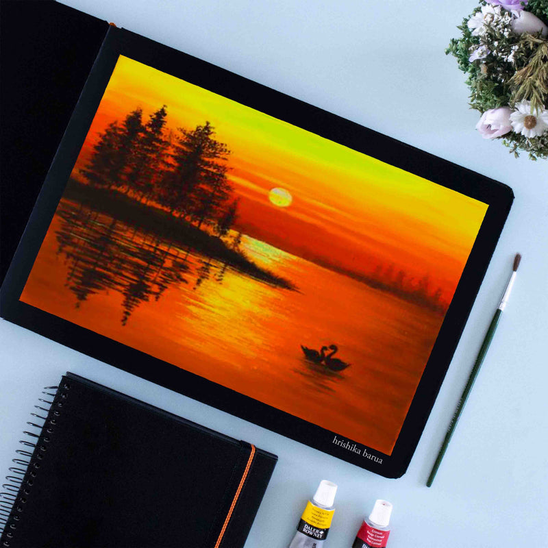 Evening scenery sunset painting in black sketchbook, Nature painting , 250 GSM sketchbook, Menorah skethcbook.