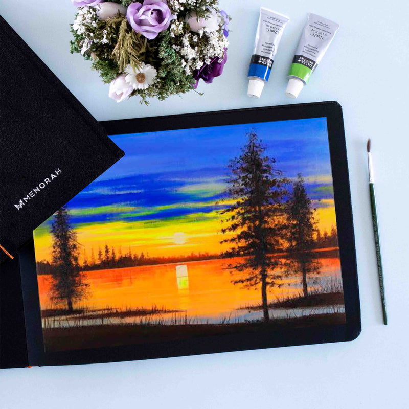 Evening scenery sunset painting in black sketchbook, 250 GSM sketchbook, Menorah skethcbook.