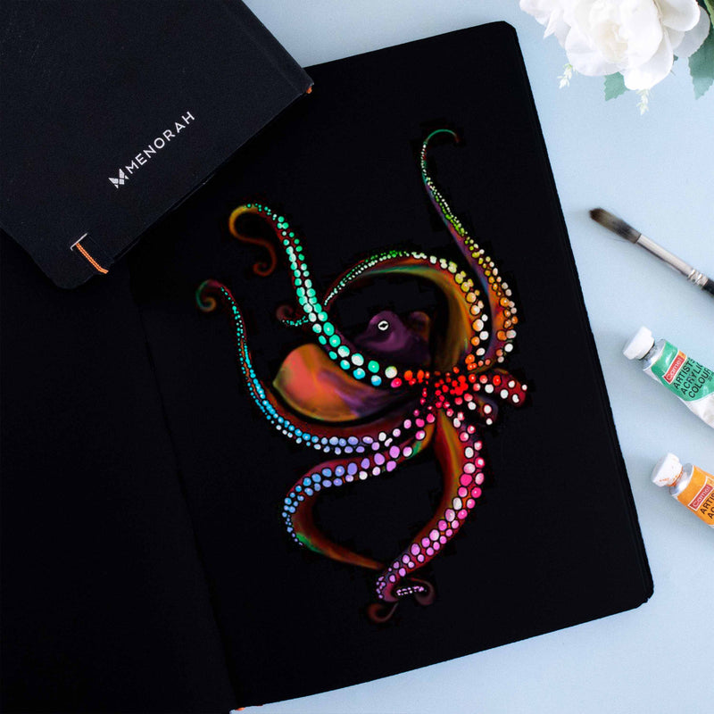 Rainbow Octopus - Acrylic painting on 250 GSM True black sketchbook.