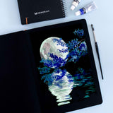 Full Moon with Acrylics | Reflection of Moon on Water Painting. 250 GSM TRUE BLACK Sheets with 84 pages/ 42 sheets, make your creations using Gouache and acrylic paints, White pens, white pencils, white charcoal, White charcoal and pastel pencils, Metallic watercolours, Metallic Acrylic paints, Colour pencils in our sketchbook.