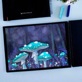 Magic Mushroom white light painting in black sketchbook, 250 GSM sketchbook, Menorah sketchbook, True black sketchbook.