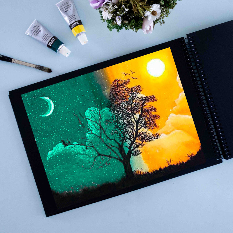 Day & Night Scenery Acrylic Painting in black sketchbook, Menorah sketchbook, 250 GSM sketchbook, True black sketchbook.
