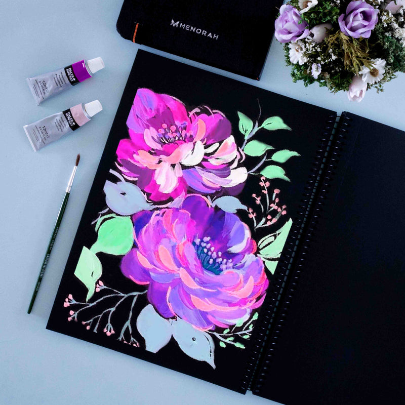 Acrylic Florals Painting in Sketchbook | Acrylic Floral Painting in black sketchbook.  250 GSM true black sketchbook.