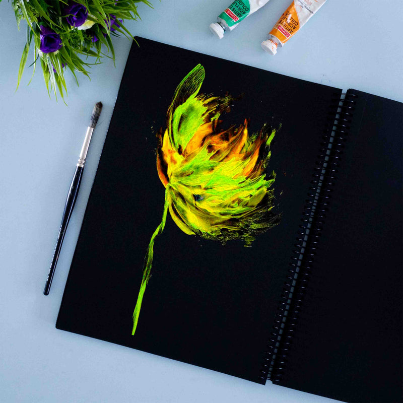 Easy floral painting with black sketchbook, acrylic painting, 250 GSM sketchbook, Black sketchbook Portrait sketchbook.