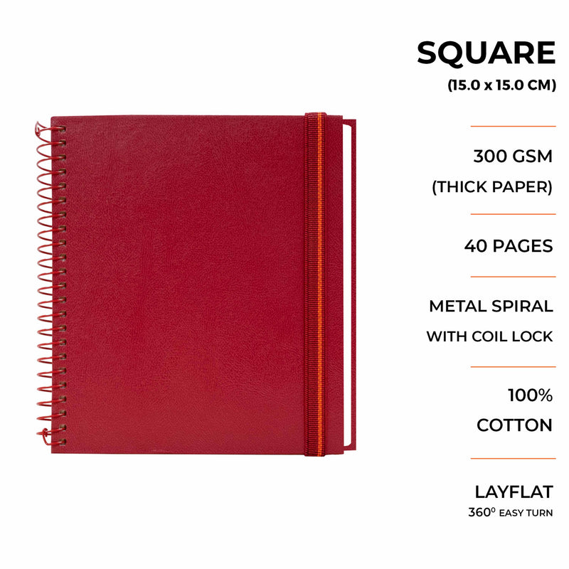 Square watercolor sketchbook is the best travel accompanion for the creators.  Watercolor sketchbook is made of 100% cotton and is 100% Vegan. It contains 40 pages  with a 300GSM Thickness so that watercolor won't penetrate to the other page.  It is covered by Metal spiral with 360 Degree easy turn. Make your creations by using  watercolour paintings, Acrylics, Gouache, Tempera, Poster colour in this sketchbook,Red color sketchbook #color_red