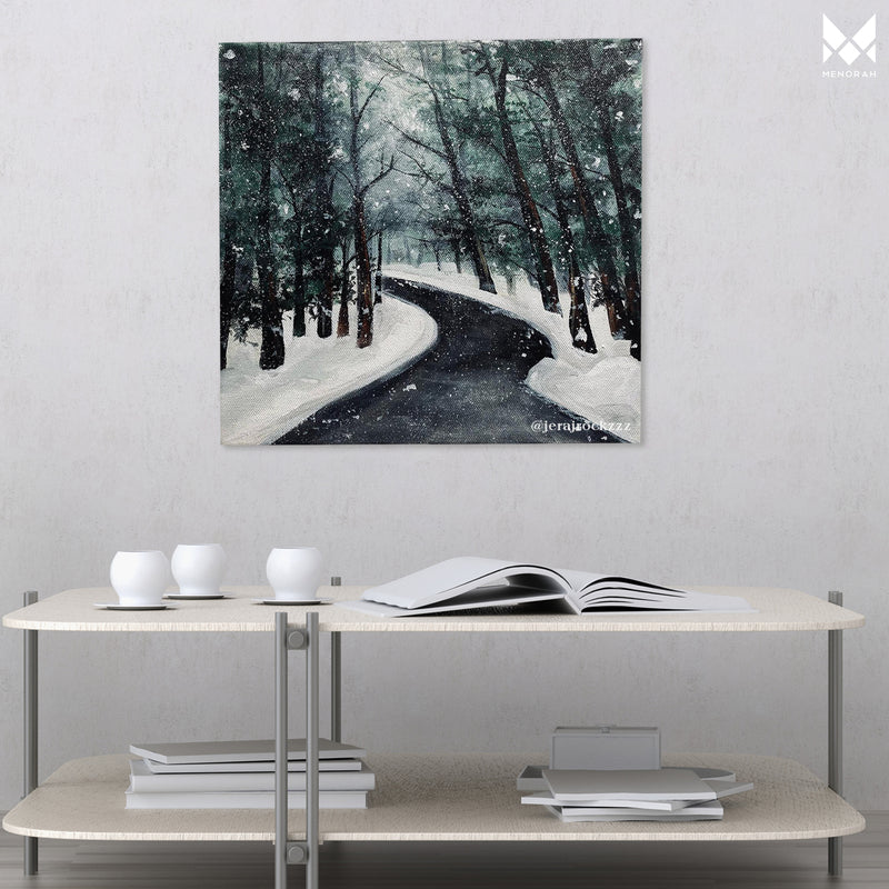Beautiful snow road side Acrylic painting on 12x12 inch Canvas board, panel for painting, 380 GSM canvas panel, board for sketching, gouache painting, acrylic painting. available in Pack of 4.