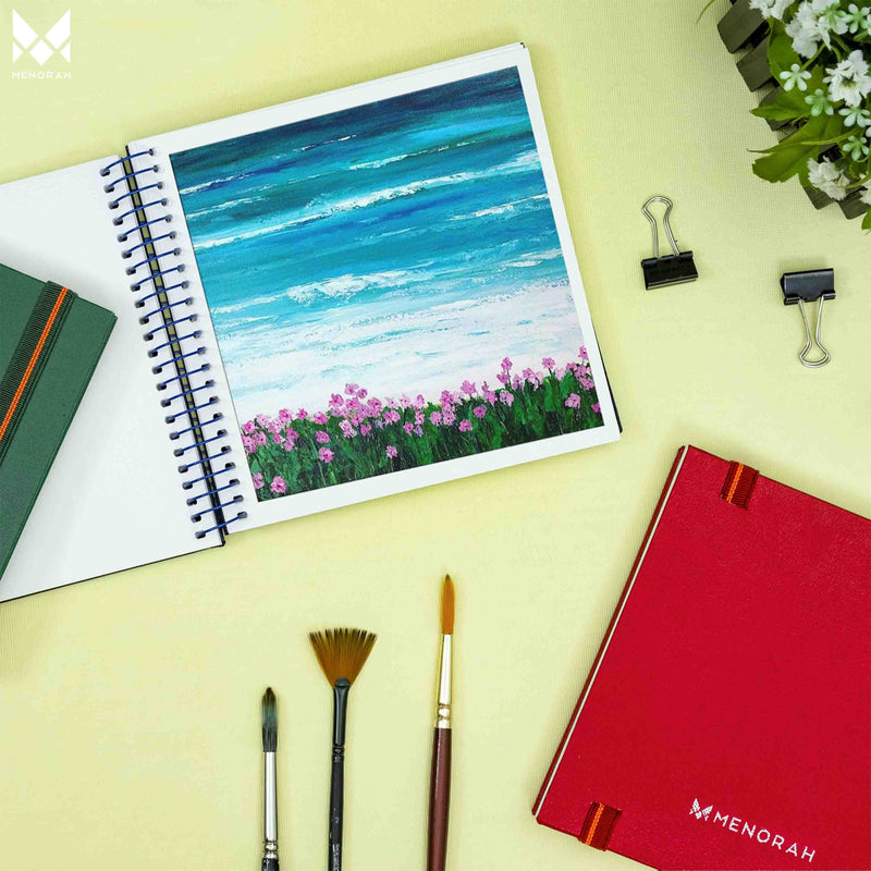 Cool sea view painting using watercolor, Paintings of a beautiful beach with a full of flowers using watercolor, Beach paintings in watercolor sketchbook, Watercolor sketchbook is made of 100% cotton and is 100% Vegan. It contains 40 pages  with a 300GSM Thickness so that watercolor won't penetrate to the other page.  It is covered by Metal spiral with 360 Degree easy turn. Make your creations by using  watercolour paintings, Acrylics, Gouache, Tempera, Poster colour in this sketchbook  #color_red
