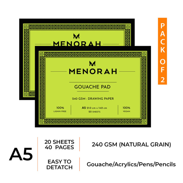 Menorah's Gouache Pad, Fully Handmade touch, 240 GSM Thickness which makes the Gouache and acrylic paints stable. A5 Size Sketchpad. Available 20 Sheets/40 Pages.