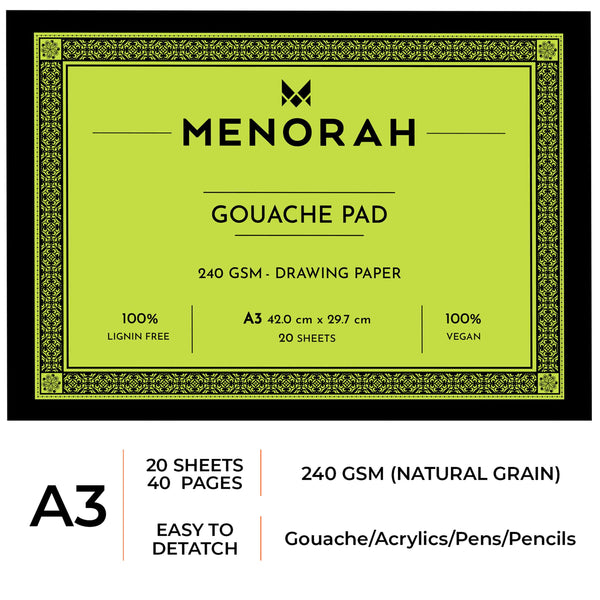 Menorah's Gouache Pad, Fully Handmade touch, 240 GSM Thickness which makes the Gouache and acrylic paints stable. A3 Size Sketchpad. Available 20 Sheets/40 Pages. 100% Lignin Free