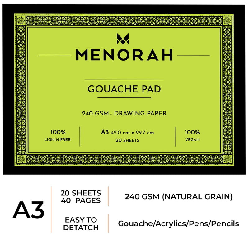 Menorah's Gouache Pad, Fully Handmade touch, 240 GSM Thickness which makes the Gouache and acrylic paints stable. A3 Size Sketchpad. Available 20 Sheets/40 Pages. 100% Lignin Free