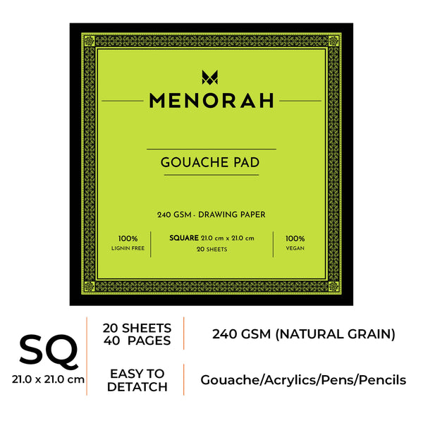 Menorah's Gouache Pad, Fully Handmade touch, 240 GSM Thickness which makes the Gouache and acrylic paints stable. Square Size (21 x 21 cm)Sketchpad. Available 20 Sheets/40 Pages.