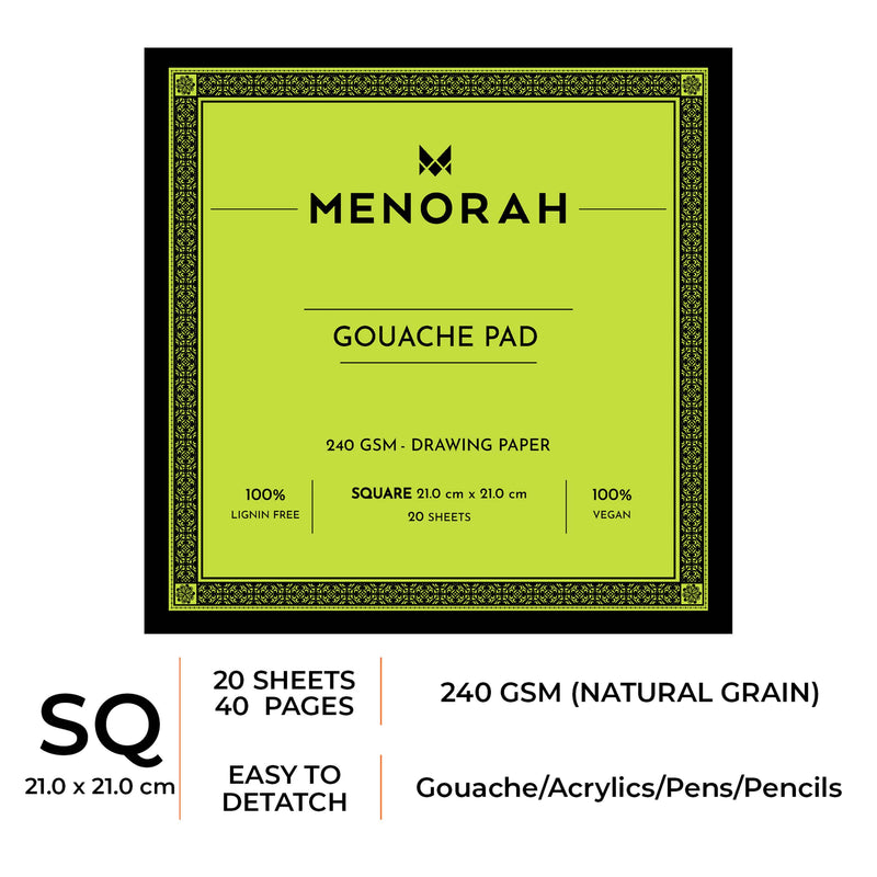 Menorah's Gouache Pad, Fully Handmade touch, 240 GSM Thickness which makes the Gouache and acrylic paints stable. Square Size (21 x 21 cm)Sketchpad. Available 20 Sheets/40 Pages.