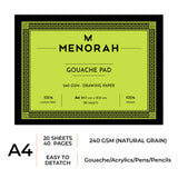 Menorah's Gouache Pad, Fully Handmade touch, 240 GSM Thickness which makes the Gouache and acrylic paints stable. A4 Size Sketchpad. Available 20 Sheets/40 Pages. 100% Lignin Free