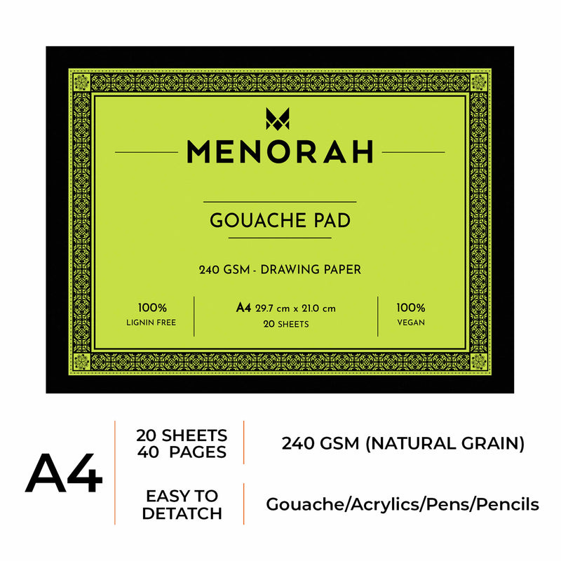 Menorah's Gouache Pad, Fully Handmade touch, 240 GSM Thickness which makes the Gouache and acrylic paints stable. A4 Size Sketchpad. Available 20 Sheets/40 Pages. 100% Lignin Free
